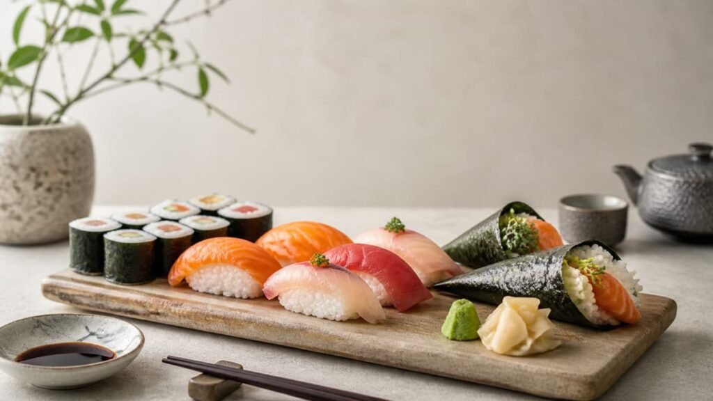 Bandeja de sushi con nigiris y makis