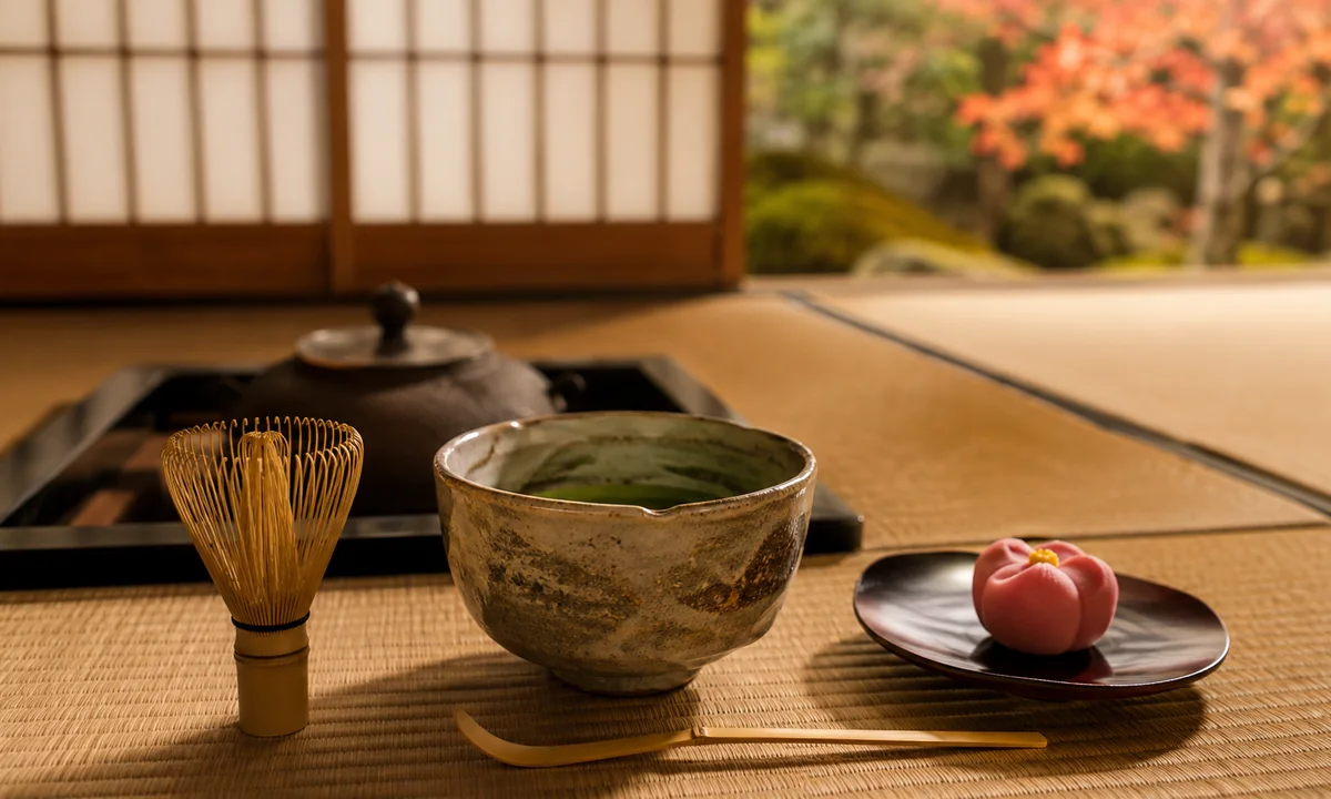 Preparación tradicional de matcha durante una ceremonia del té japonesa