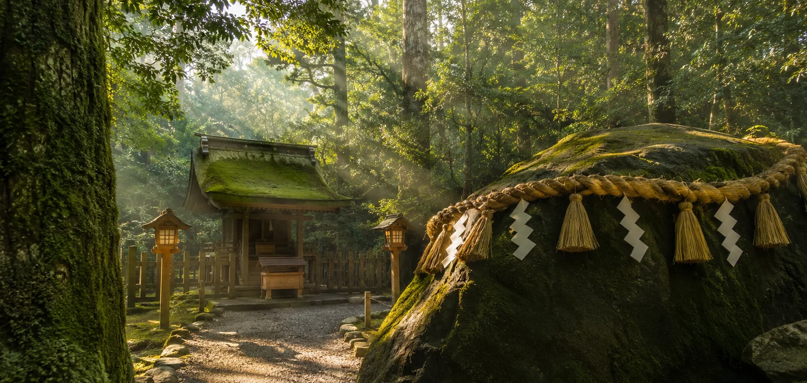 Santuario japonés entre un bosque verde