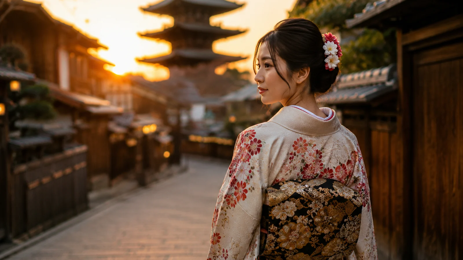 Calle tradicional japonesa al atardecer